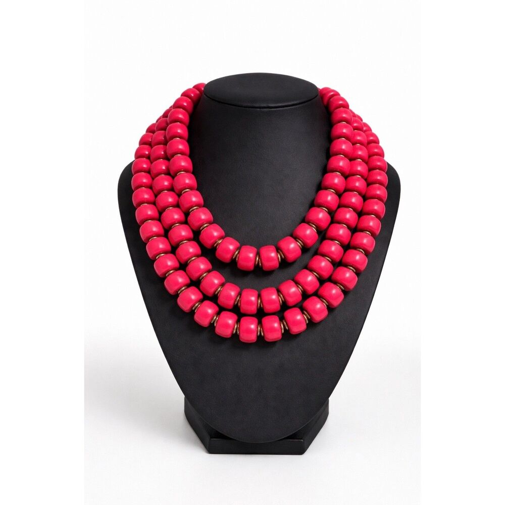 Premier Designs 3‎ Strand Pink Bead Necklace Gold Tone Spacers Statement
